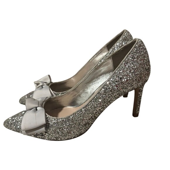 DUNE London Silver Glitter Bow Heels Size 38 / US 8 - Picture 5 of 11